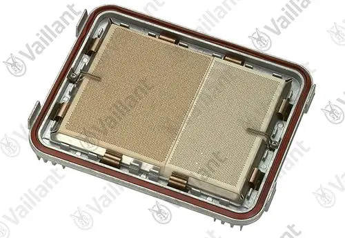 Vaillant Brenner mit zwei endlos perforierten Metallplatten, eingebaut in einen stabilen Rahmen mit Dichtungsring. An den Seiten sind Scharniere und Halterungen sichtbar.